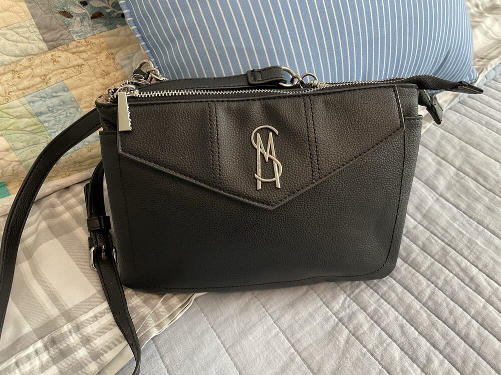 Steve Madden Black Faux Leather Envelope Flap Crossbody Bag Silver Logo